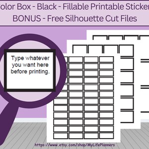Peut inclure: Trois feuilles d'autocollants imprimables avec des contours noirs de boîtes rectangulaires de différentes tailles. Le texte "Type whatever you want here before printing." est visible dans une loupe.