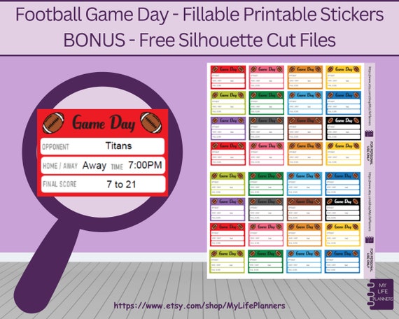Football Game Day Stickers: Fillable Planner Stickers (PDF Digital Download)