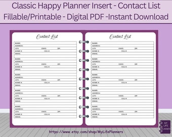 Contactlijst-inserts, invulbare, afdrukbare, CLASSIC Happy Planner-inserts, PDF-download