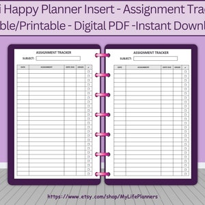 Assignment Tracker, Insert, Fillable, Printable, Homework Tracker, Planner, MINI Happy Planner Inserts, PDF Download image 1