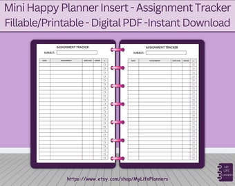 Assignment Tracker, Insert, Fillable, Printable, Homework Tracker, Planner, MINI Happy Planner Inserts, PDF Download