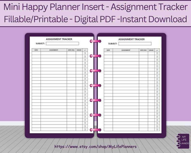 Assignment Tracker, Insert, Fillable, Printable, Homework Tracker, Planner, MINI Happy Planner Inserts, PDF Download image 1
