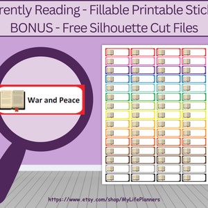 Puede incluir: Un conjunto de 40 pegatinas de libros imprimibles en un arcoíris de colores. Cada pegatina presenta un icono de libro y un espacio en blanco para escribir el título del libro. Las pegatinas están diseñadas para su uso en un planificador o diario para hacer un seguimiento de los libros que se están leyendo actualmente. La imagen también incluye una lupa con una pegatina que dice "Guerra y paz".