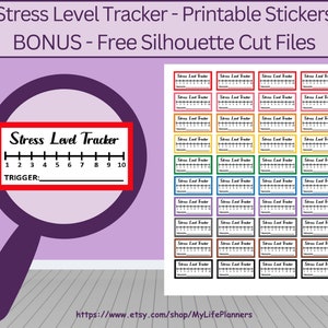 Könnte beinhalten: Druckbare Stresslevel-Tracker-Aufkleber mit einer Skala von 1 bis 10. Die Aufkleber sind in verschiedenen Farben, darunter Rot, Orange, Gelb, Grün, Blau, Lila, Grau und Braun. Die Aufkleber sind für den Ausschnitt mit einer Silhouette-Schneidemaschine konzipiert.