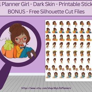 May include: Printable planner stickers featuring a dark-skinned girl with brown hair, glasses, and a scarf, reading a book next to a pumpkin. The stickers include various fall-themed illustrations. Text reads "Fall Planner Girl - Dark Skin - Printable Stickers BONUS - Free Silhouette Cut Files."
