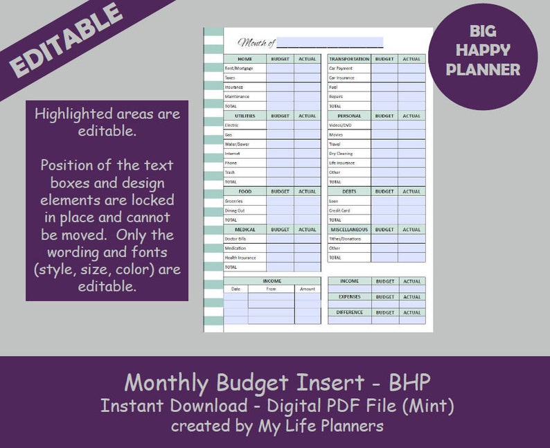 Monthly Budget Insert Mint Editable Printable Happy Planner Etsy