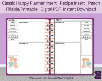 Inserto de receta de melocotón, rellenable, imprimible, inserto de planificador, inserto de receta de planificador feliz CLÁSICO, organizador de recetas, descarga en PDF