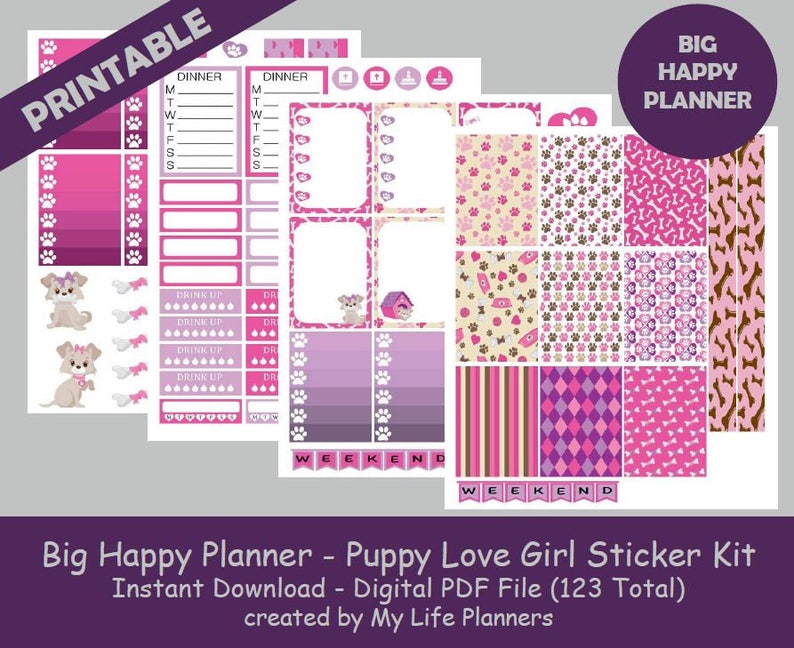 Girl Puppy Love BIG Happy Planner Printable Stickers Weekly Etsy