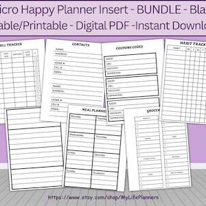 Könnte beinhalten: Ein Set druckbarer digitaler Planer-Einlagen für die Verwendung mit dem Happy Planner. Das Set enthält Seiten für die Verfolgung von Rechnungen, Kontakten, Coupons, Menüplanung, Einkaufslisten und Gewohnheitsverfolgung. Die Seiten sind in Schwarzweiß gehalten und haben ein minimalistisches Design.