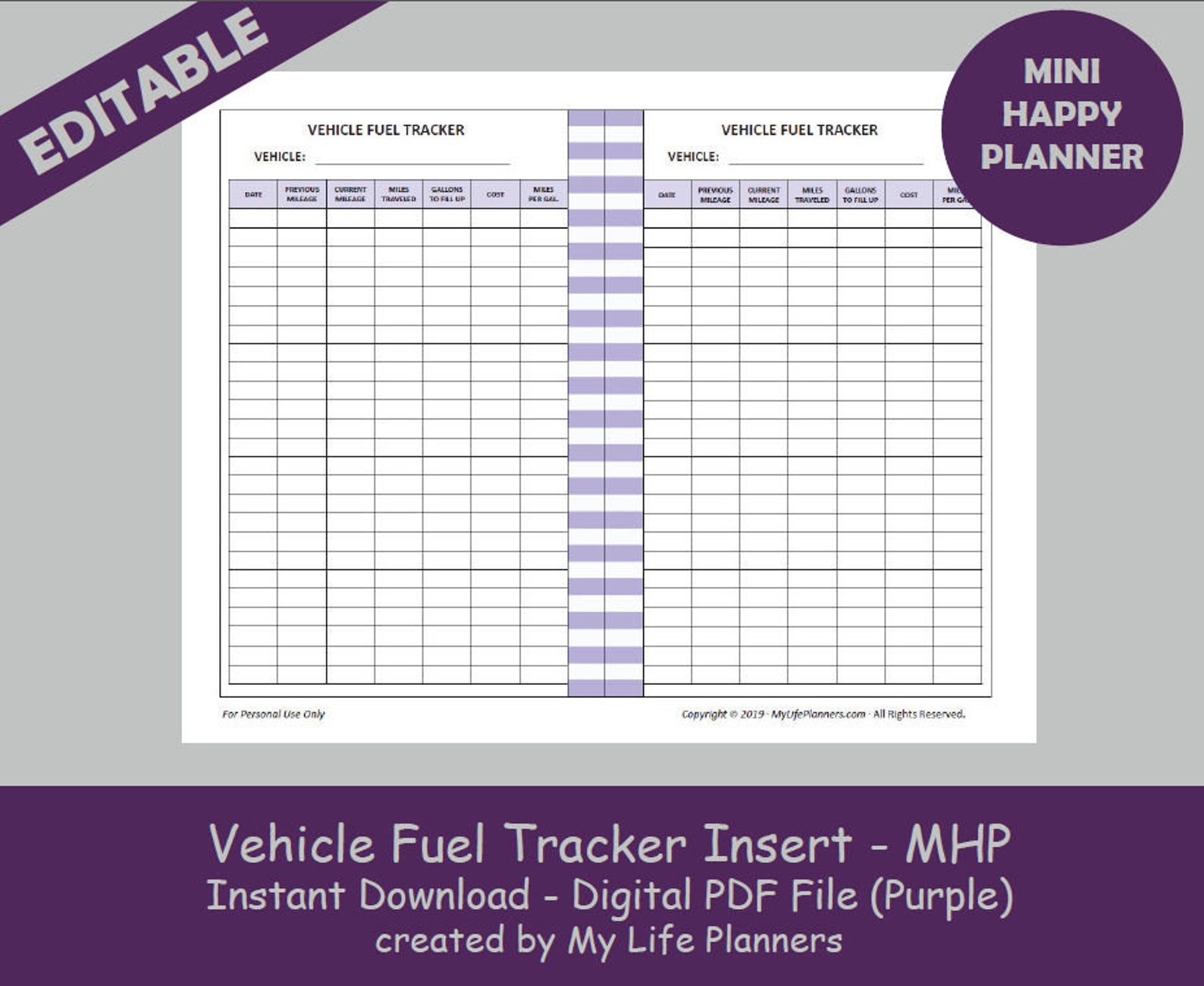 Vehicle Fuel Tracker Insert Gas Log Purple Editable Etsy