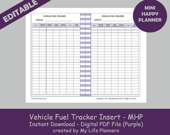 Vehicle Fuel Tracker Insert, Gas Log, Purple, Editable, Printable Happy Planner Insert, MINI Happy Planner Inserts, PDF Download
