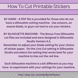 May include: A pink and white graphic with the text "How To Cut Printable Stickers" and instructions on how to cut printable stickers by hand or with a Silhouette machine. The text includes instructions on how to adjust the blade setting for different types of sticker paper.