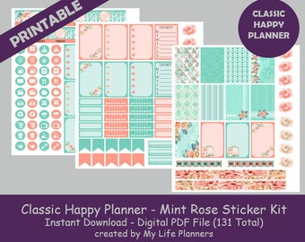 Mint Rose Weekly Kit, Spring Kit, Planner Stickers, Printable Stickers, CLASSIC Happy Planner, Instant PDF Download