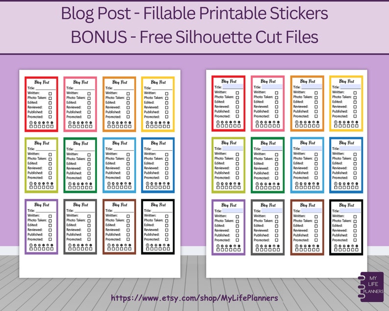 May include: Printable stickers for blog post planning. The stickers are in various colors and feature a checklist for blog post tasks, including title, written, photo taken, edited, reviewed, published, and promoted. The stickers are designed to be used with a Silhouette cutting machine.