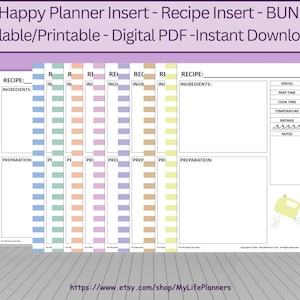 Recipe Insert BUNDLE, Fillable, Printable, Planner Insert, BIG Happy Planner Recipe Insert, Recipe Organizer, PDF Download