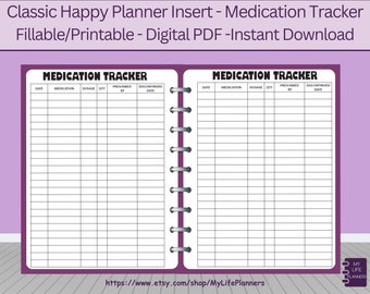 May include: A printable medication tracker with two pages, each with columns for date, medication, dosage, quantity, prescribed by, and discontinued date. The pages are white with black text and lines. The tracker is designed to be used with a Happy Planner.