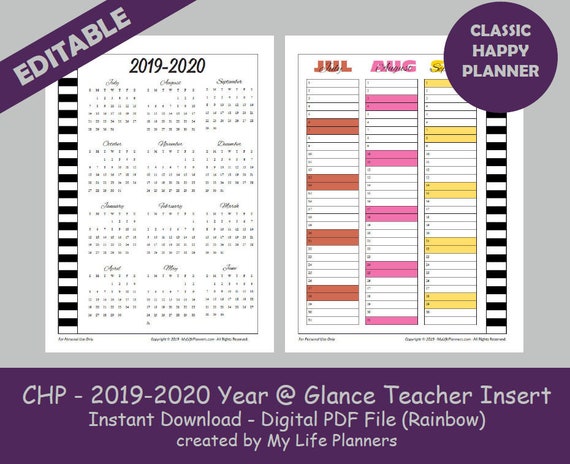classic happy planner 2019 2020 dated year at a glance calendar insert rainbow planner insert printable editable pdf download year at a glance calendar 2020