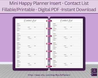 Insteekkaarten met contactenlijst, invulbaar, afdrukbaar, MINI Happy Planner-inlegvellen, pdf-download