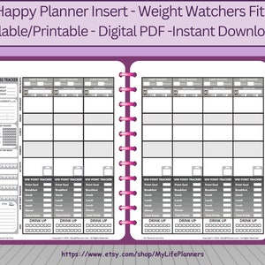 Puede incluir: Un inserto de seguimiento de estado físico de Weight Watchers imprimible para un Big Happy Planner. El inserto incluye un seguimiento de estado físico, un seguimiento del sueño y un seguimiento de puntos WW. El inserto está diseñado para ser rellenado a mano y está disponible como descarga digital en PDF.