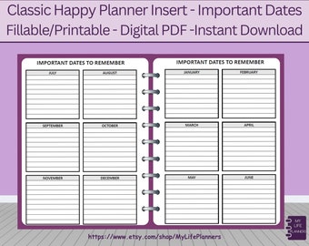 May include: Printable planner insert with a purple cover and white pages. The insert is divided into twelve sections, one for each month of the year. Each section has a space for writing important dates to remember.