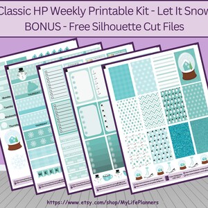 May include: A collection of Classic HP weekly printable planner kit pages with a winter theme. The pages feature a light blue and white color scheme with snowflakes, snowmen, and snow globes. Text includes "Let It Snow" and days of the week.