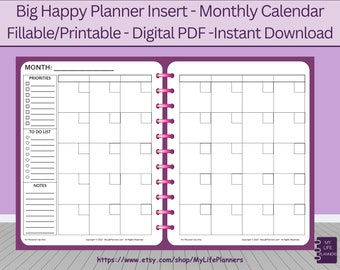 Calendario mensual sin fecha imprimible, rellenable, inserción de planificador, inserción de calendario, planificador feliz GRANDE, descarga en PDF