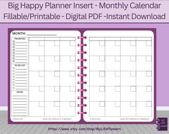 Big Happy Planner Insert, Fillable Monthly Calendar (PDF Download)