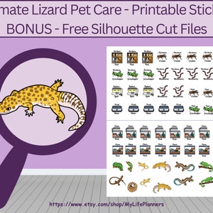 Op de afbeelding: Printbare stickers voor de verzorging van hagedissen, met een verscheidenheid aan pictogrammen, waaronder een gekko, krekels, sprinkhanen, waterbakken en een terrarium. De stickers zijn alleen bedoeld voor persoonlijk gebruik. De tekst "Ultimate Lizard Pet Care - Printable Stickers" en "BONUS - Free Silhouette Cut Files" wordt bovenaan de afbeelding weergegeven.