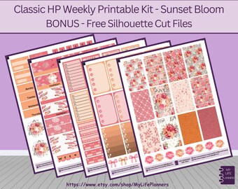 Sunset Bloom Weekly Kit, CLASSIC Happy Planner Printable Stickers, Instant Download, PDF, Silhouette Cut Files Included