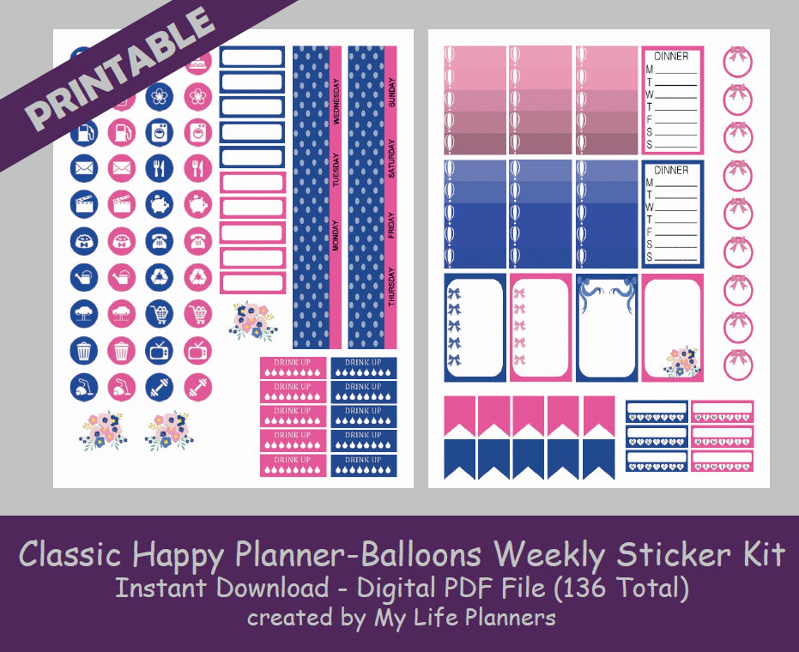 CLASSIC Happy Planner Printable Stickers Balloons Weekly Kit - Etsy