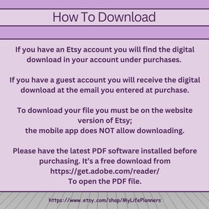May include: Purple background with white text explaining how to download digital files from Etsy. The text includes instructions for Etsy account holders and guest account holders. It also includes instructions for downloading PDF files and a link to Adobe Reader.