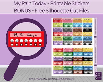 May include: Printable stickers with a pain scale rating system. The stickers feature a variety of colors and a series of smiley faces, ranging from happy to sad, to represent different levels of pain. The text "My Pain Today is" is printed on each sticker. The image also includes a magnifying glass focusing on a single sticker.