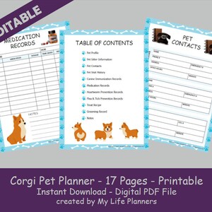 Editable Corgi Notes Corgi Pet Planner, Pet Care Records, Pet Information, Pet Kit ...