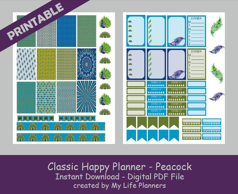 Peacock CLASSIC Happy Planner Printable Stickers Weekly Kit - Etsy