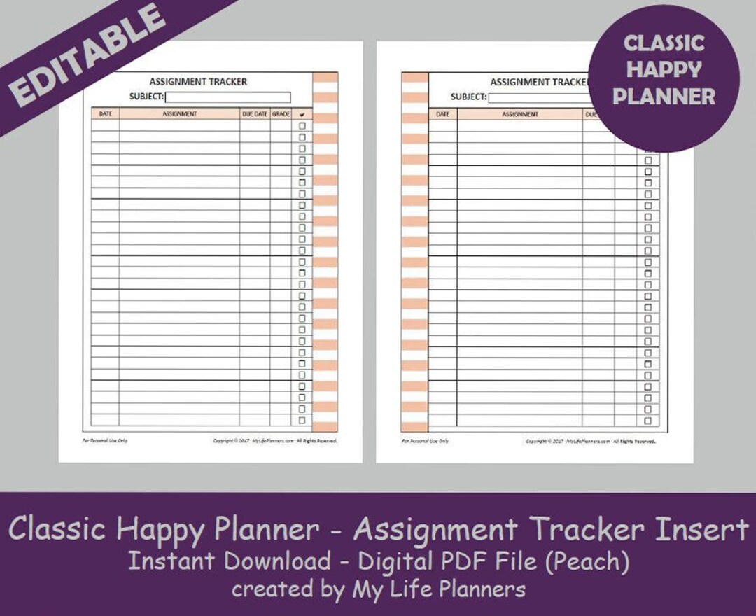 CLASSIC Happy Planner Assignment Tracker Insert Editable - Etsy