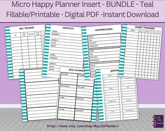 Micro Happy Planner Insert Bundle, Fillable Teal Printable (PDF Download)
