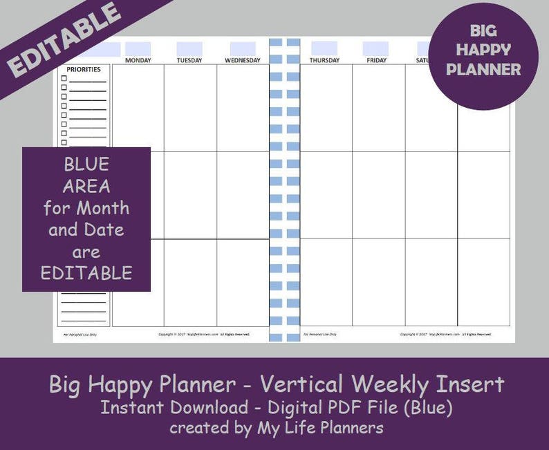 BIG Happy Planner Vertical Weekly Insert Editable Printable Etsy
