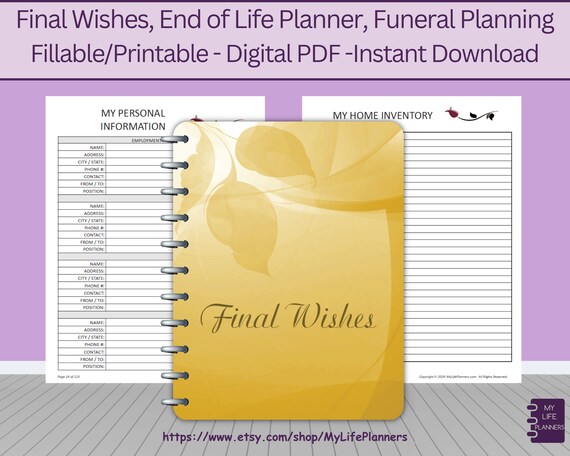 Final Wishes Planner, End of Life Planning, Fillable PDF (Printable)