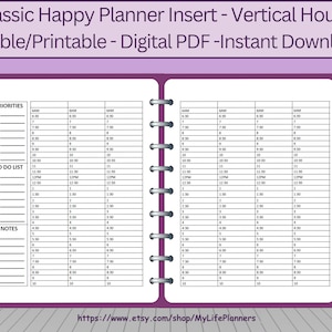 Vertical Week Hourly Insert, Fillable, Printable, Planner Insert. Daily Insert, Hourly Tracker, CLASSIC Happy Planner, PDF Download