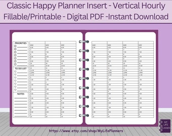 May include: A printable planner insert with a vertical hourly layout. The insert is designed for use with a Happy Planner and features sections for priorities, to-do lists, and notes. The insert is black and white and has a simple, clean design.
