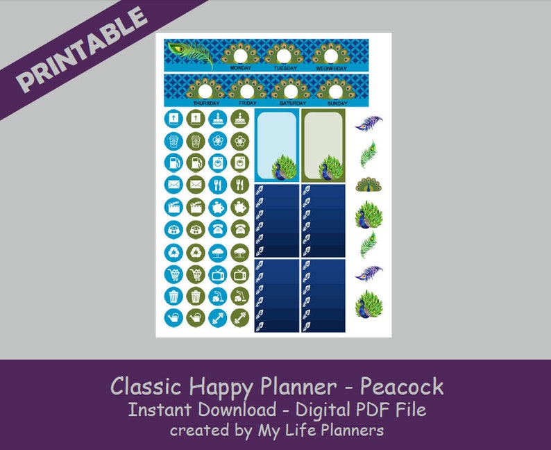 Peacock CLASSIC Happy Planner Printable Stickers Weekly Kit - Etsy