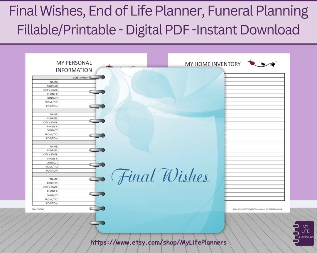 Final Wishes Planner, End of Life Planner, Funeral Planner, Burial