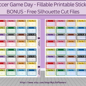 May include: A set of 32 printable soccer game day stickers. The stickers are in various colors and feature a soccer ball graphic. Each sticker has a blank space for writing. The text "Game Day" appears on each sticker. The text "For Personal Use Only" appears on the right side of the image.