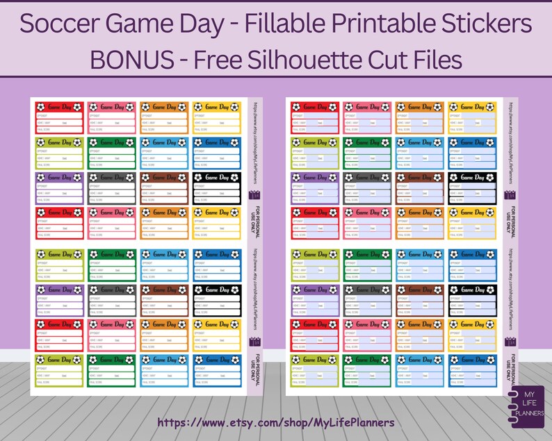 May include: A set of 32 printable soccer game day stickers. The stickers are in various colors and feature a soccer ball graphic. Each sticker has a blank space for writing. The text "Game Day" appears on each sticker. The text "For Personal Use Only" appears on the right side of the image.