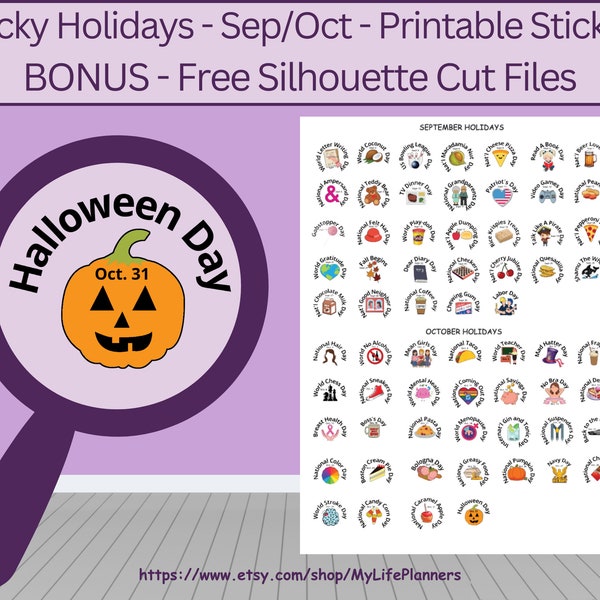 Wacky Holiday September-October Planner Stickers, Printable Stickers, Planner Stickers, Happy Planner, Erin Condren, PDF Digital Download