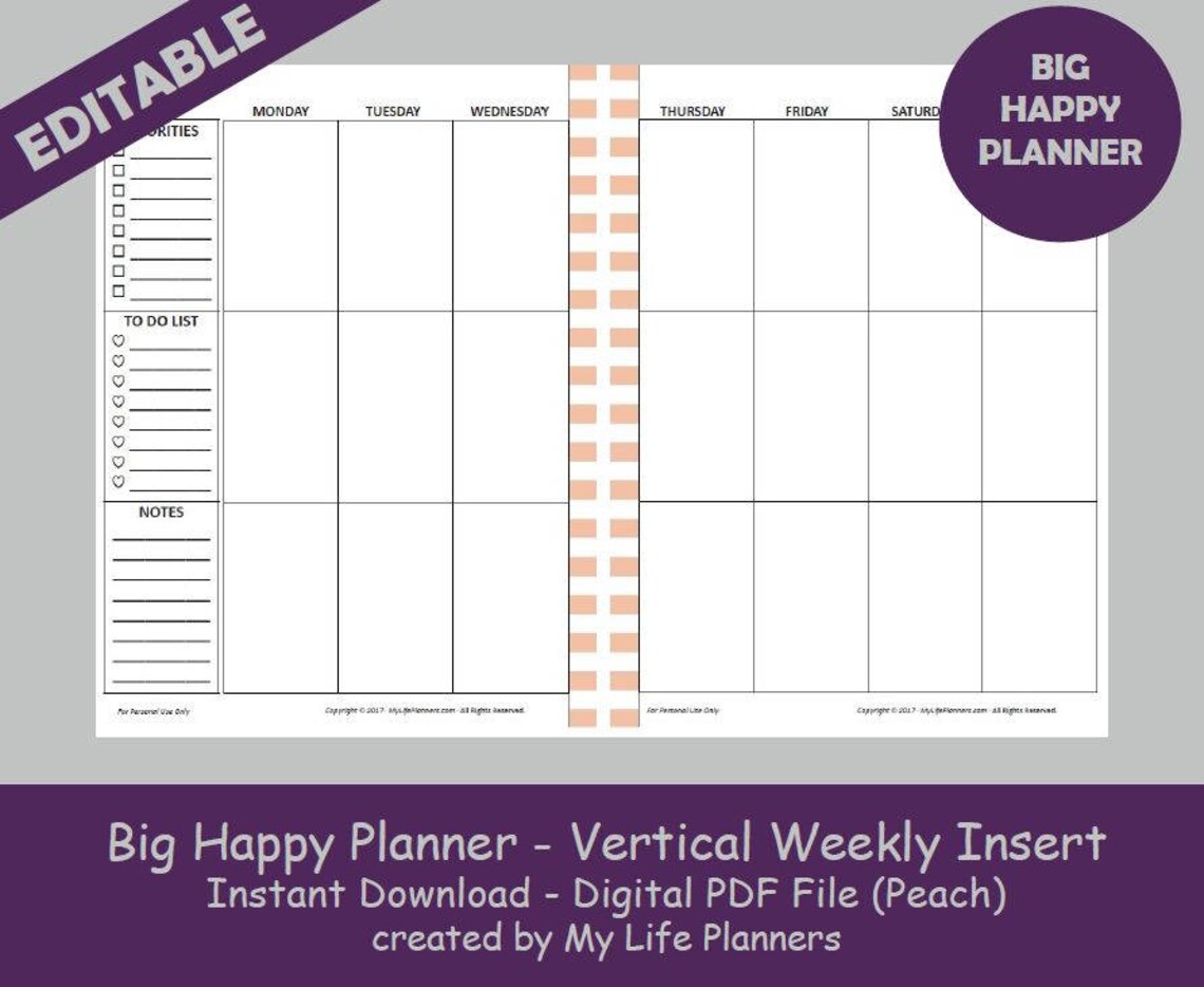 BIG Happy Planner Vertical Weekly Insert Editable Printable Etsy