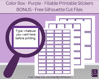 Pegatinas de caja de color púrpura, pegatinas del planificador, caja completa, media caja y cuarto de caja, pegatinas rellenables e imprimibles, planificador feliz clásico, PDF