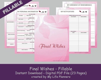 Final Wishes Planner, Funeral Planner, Burial Arrangements, Remembrance Kit, Happy Planner Insert, Fillable, Printable, PDF, Pink