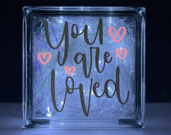 Valentines or nursery &#39;you are loved&#39; affirmation glass block light with fairy or plugin light options with or without ribbon bow