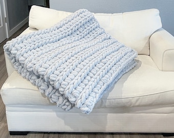 Ready to Ship - Extra Chunky Big yarn crochet Misty Gray / Blue Gray throw blanket - 60 in x 54 in